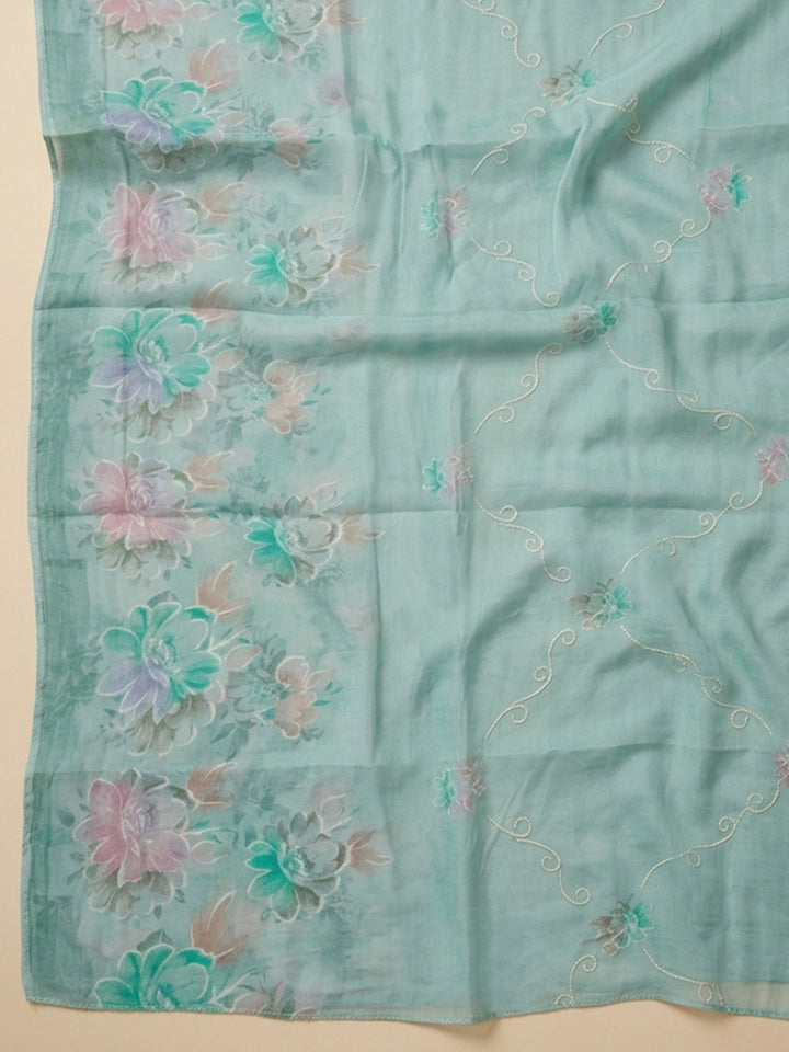 Sea Green Embroidered Cotton Blend Unstitched Suit &amp; Pant With Cotton Dupatta