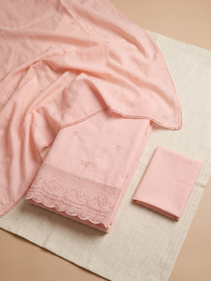 Peach Embroidered Cotton Blend Unstitched Suit &amp; Pant With Cotton Dupatta