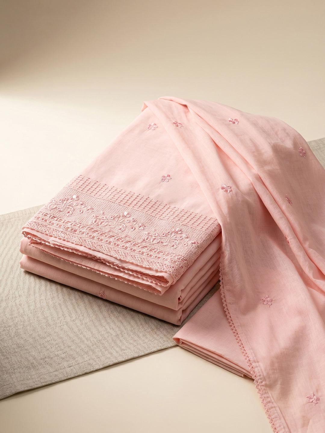 Peach Embroidered Cotton Blend Unstitched Suit &amp; Pant With Cotton Dupatta