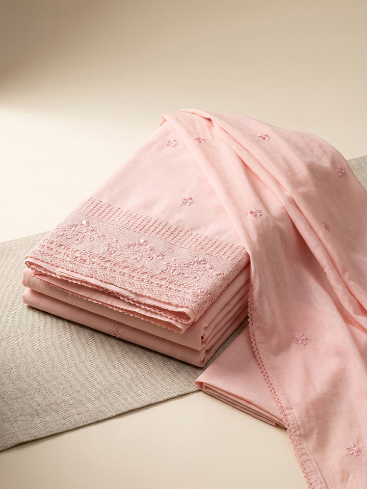 Peach Embroidered Cotton Blend Unstitched Suit &amp; Pant With Cotton Dupatta