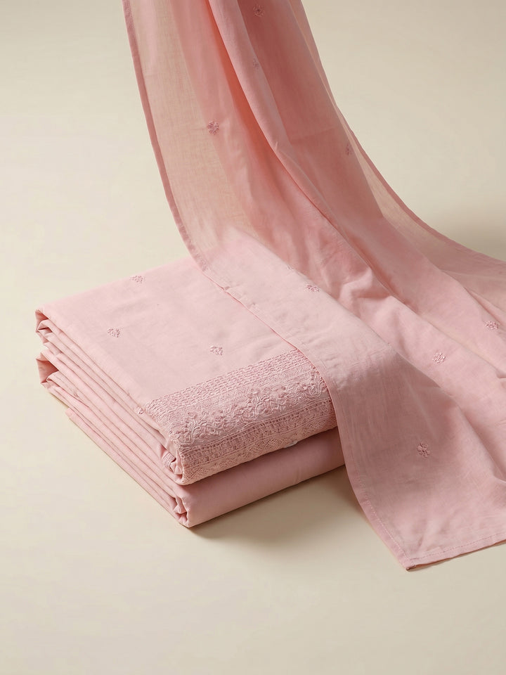 Peach Embroidered Cotton Blend Unstitched Suit &amp; Pant With Cotton Dupatta
