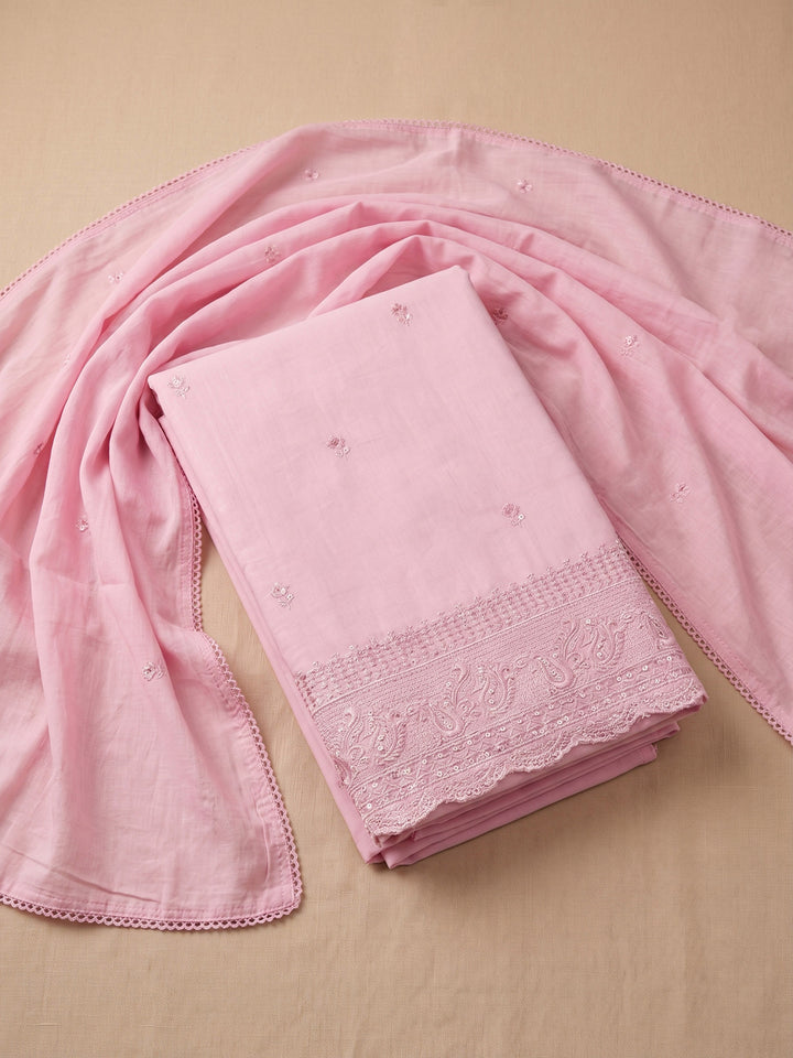 Pink Embroidered Cotton Blend Unstitched Suit &amp; Pant With Cotton Dupatta