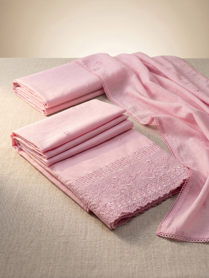 Pink Embroidered Cotton Blend Unstitched Suit &amp; Pant With Cotton Dupatta