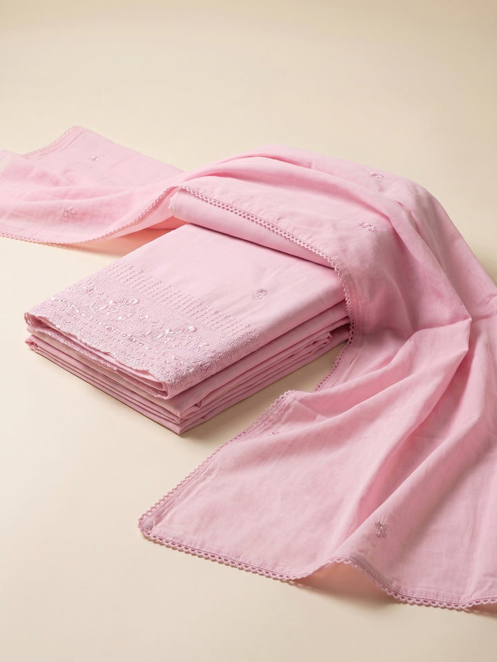Pink Embroidered Cotton Blend Unstitched Suit &amp; Pant With Cotton Dupatta