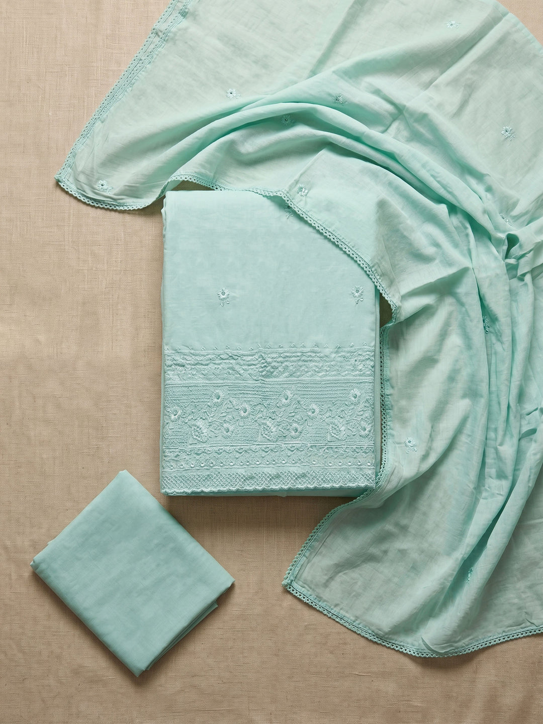 Sea Green Embroidered Cotton Blend Unstitched Suit &amp; Pant With Cotton Dupatta