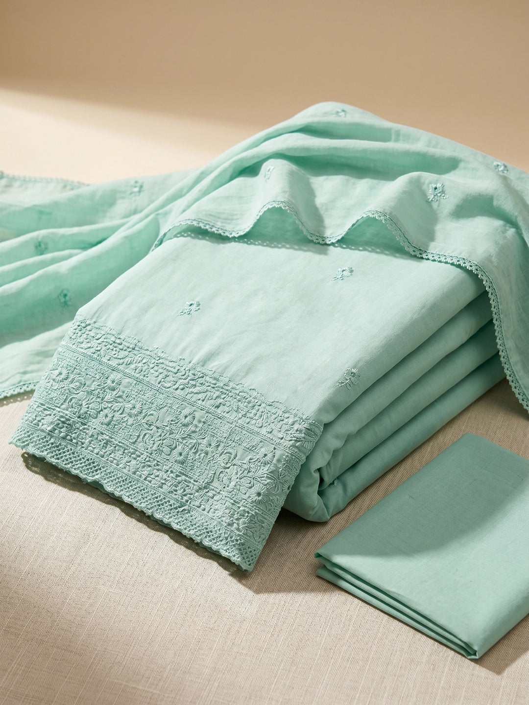 Sea Green Embroidered Cotton Blend Unstitched Suit &amp; Pant With Cotton Dupatta
