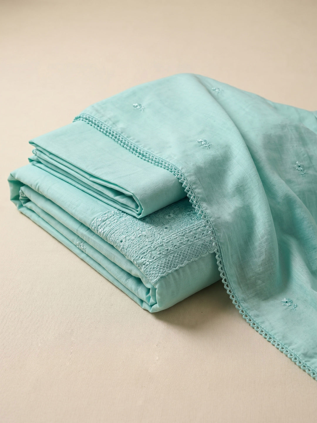 Sea Green Embroidered Cotton Blend Unstitched Suit &amp; Pant With Cotton Dupatta