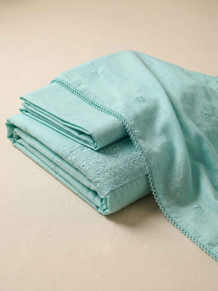 Sea Green Embroidered Cotton Blend Unstitched Suit &amp; Pant With Cotton Dupatta