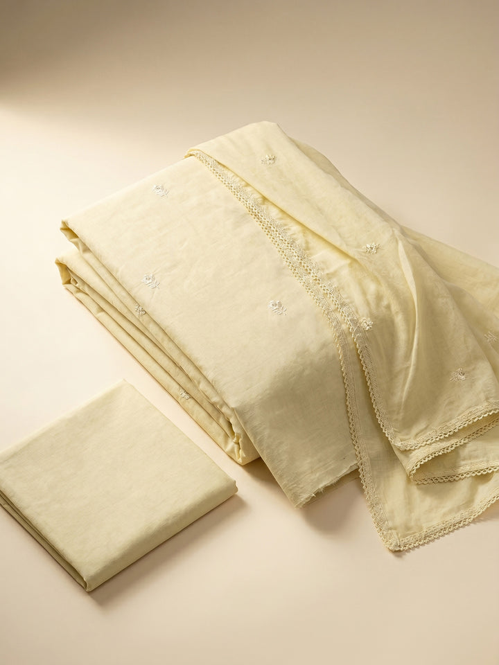 Yellow Embroidered Cotton Blend Unstitched Suit &amp; Pant With Cotton Dupatta