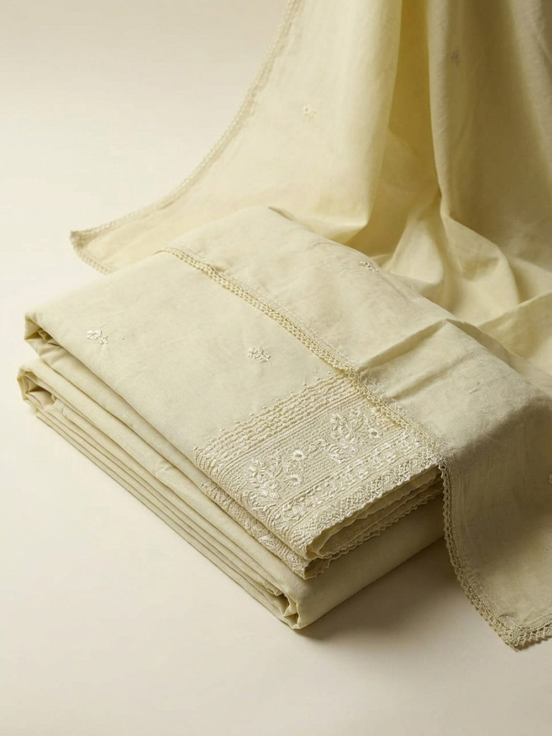 Yellow Embroidered Cotton Blend Unstitched Suit &amp; Pant With Cotton Dupatta