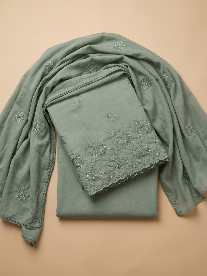 Aqua Embroidered Cotton Blend Unstitched Suit &amp; Pant With Cotton Dupatta