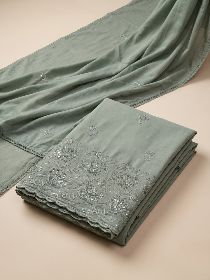 Aqua Embroidered Cotton Blend Unstitched Suit &amp; Pant With Cotton Dupatta