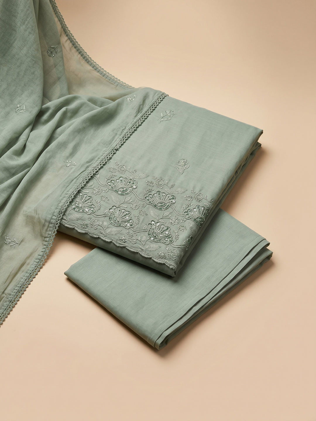 Aqua Embroidered Cotton Blend Unstitched Suit &amp; Pant With Cotton Dupatta