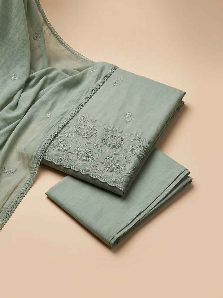 Aqua Embroidered Cotton Blend Unstitched Suit &amp; Pant With Cotton Dupatta