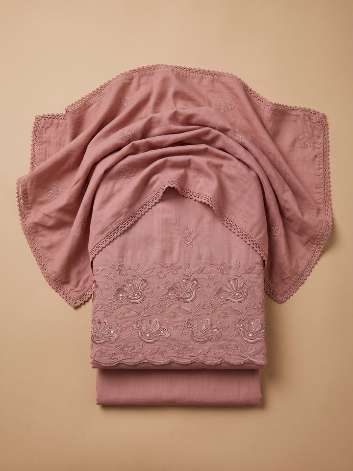 Dusty Pink Embroidered Cotton Blend Unstitched Suit &amp; Pant With Cotton Dupatta