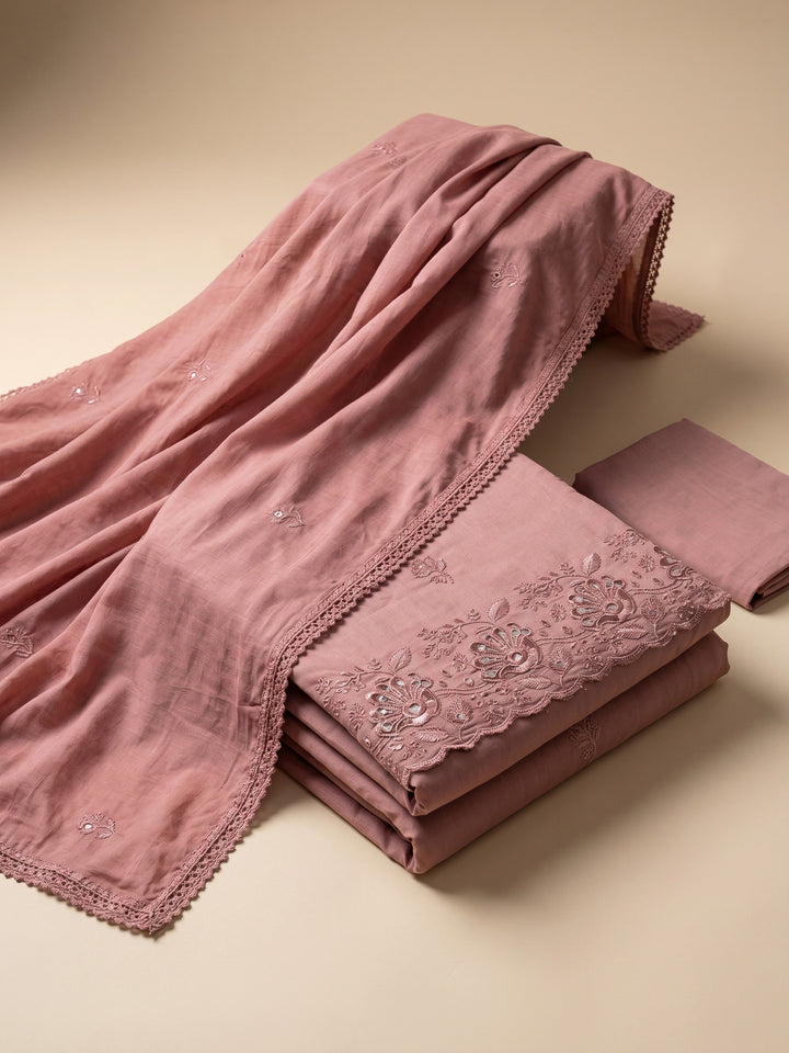 Dusty Pink Embroidered Cotton Blend Unstitched Suit &amp; Pant With Cotton Dupatta