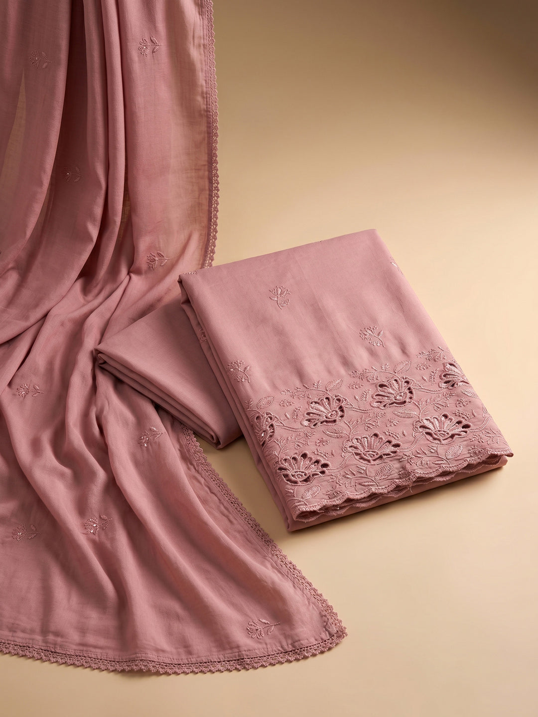 Dusty Pink Embroidered Cotton Blend Unstitched Suit &amp; Pant With Cotton Dupatta