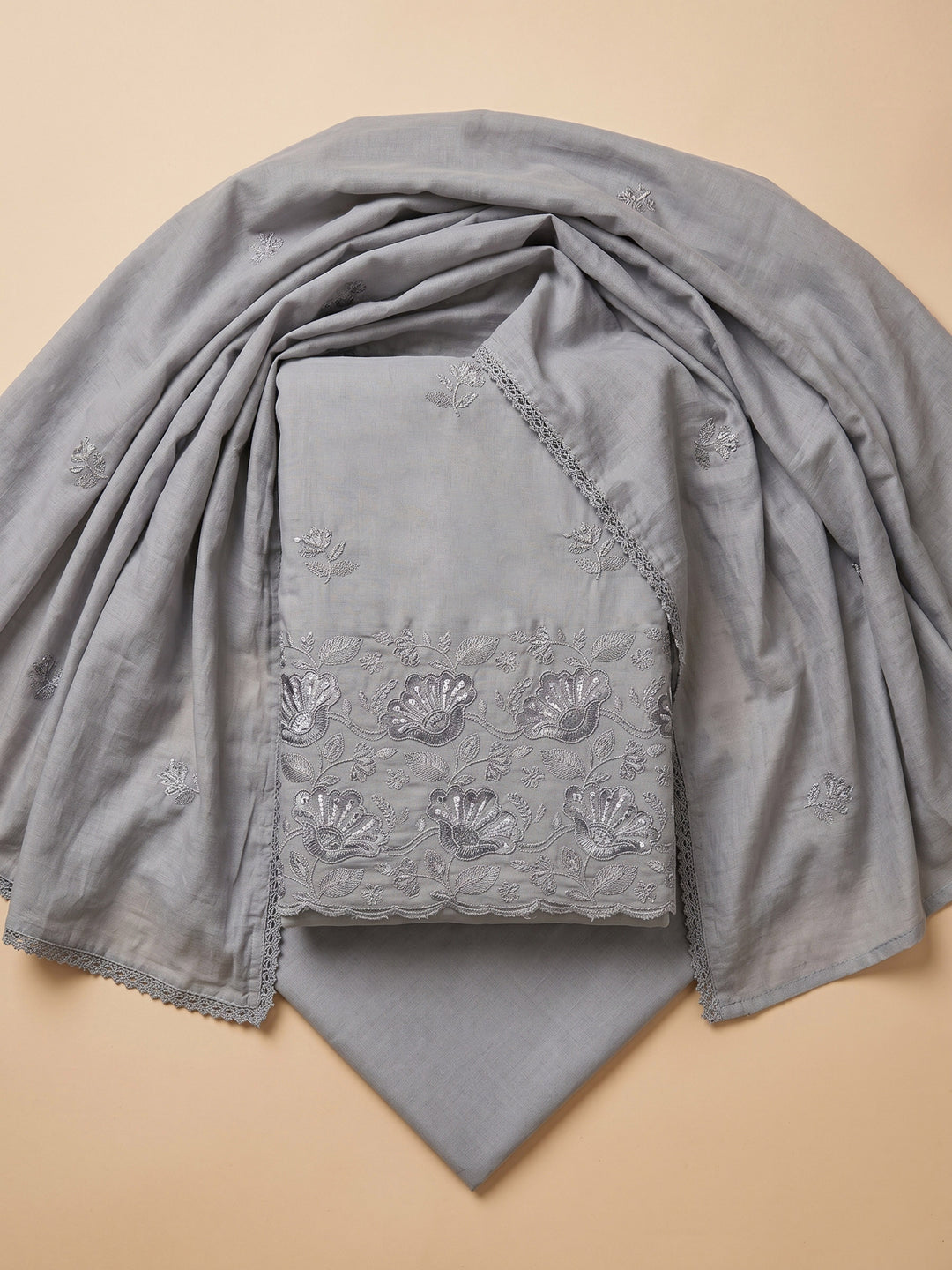 Grey Embroidered Cotton Blend Unstitched Suit &amp; Pant With Cotton Dupatta