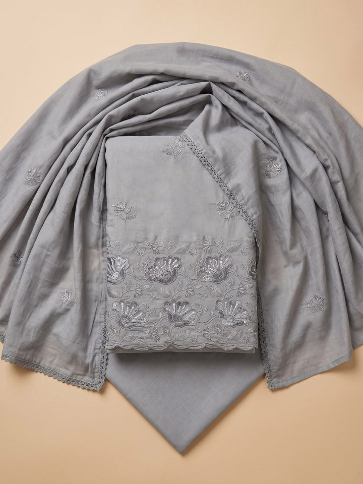 Grey Embroidered Cotton Blend Unstitched Suit &amp; Pant With Cotton Dupatta