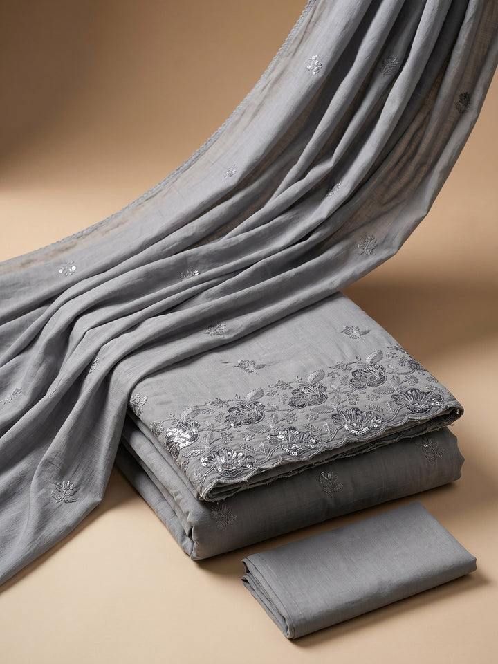 Grey Embroidered Cotton Blend Unstitched Suit &amp; Pant With Cotton Dupatta