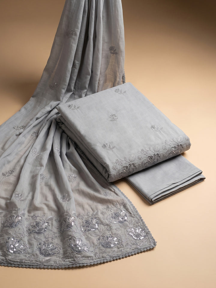 Grey Embroidered Cotton Blend Unstitched Suit &amp; Pant With Cotton Dupatta