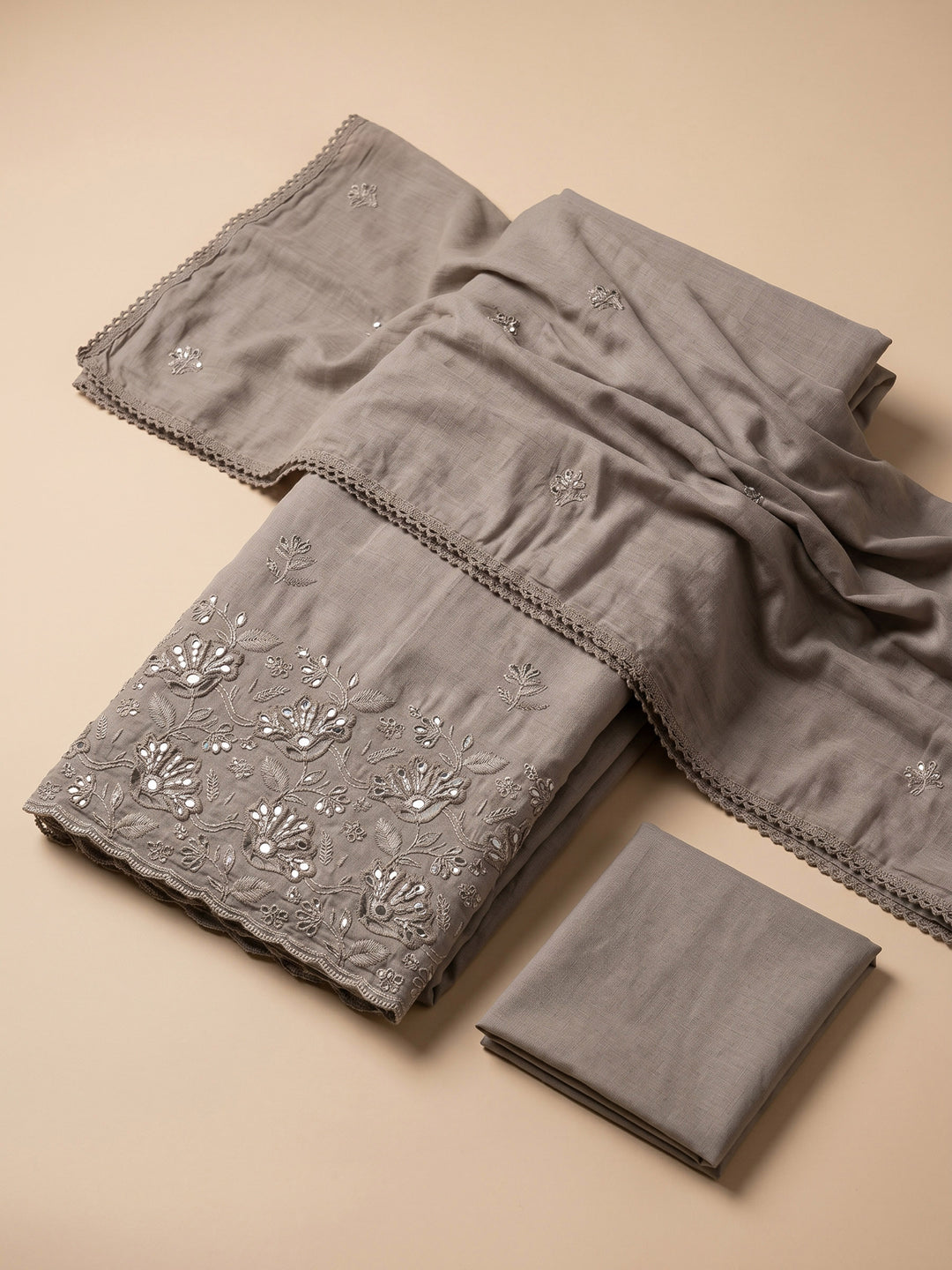 Mouse Embroidered Cotton Blend Unstitched Suit &amp; Pant With Cotton Dupatta