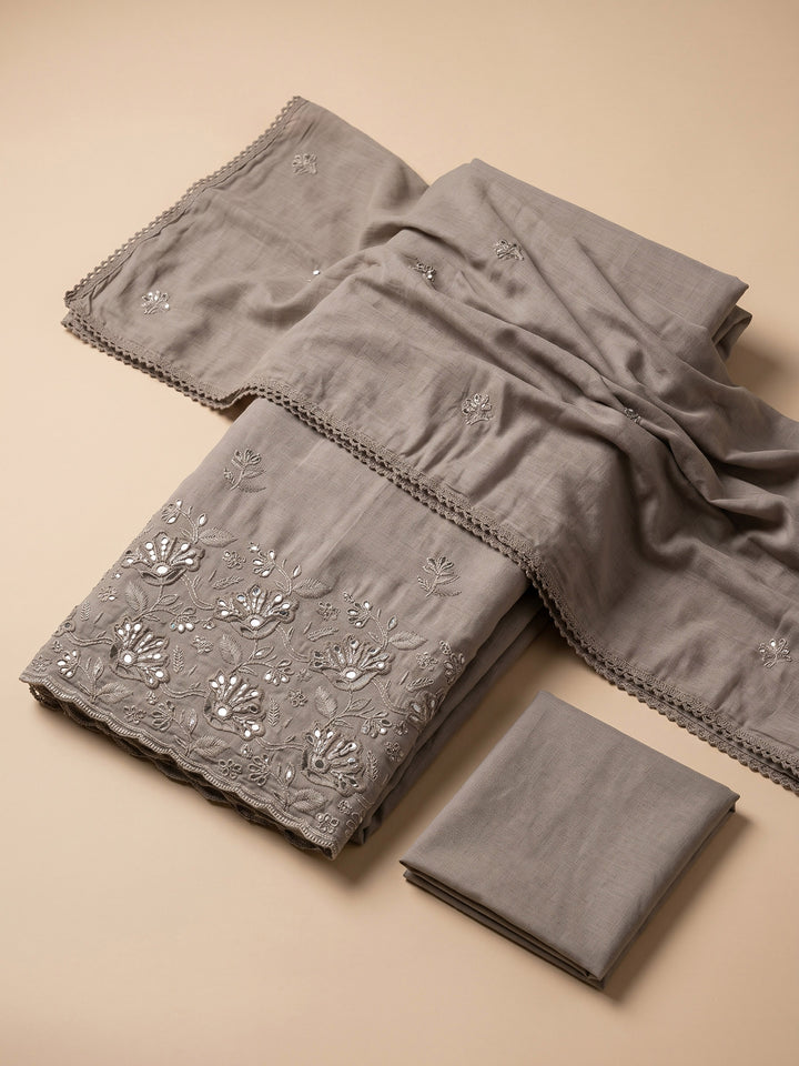 Mouse Embroidered Cotton Blend Unstitched Suit &amp; Pant With Cotton Dupatta