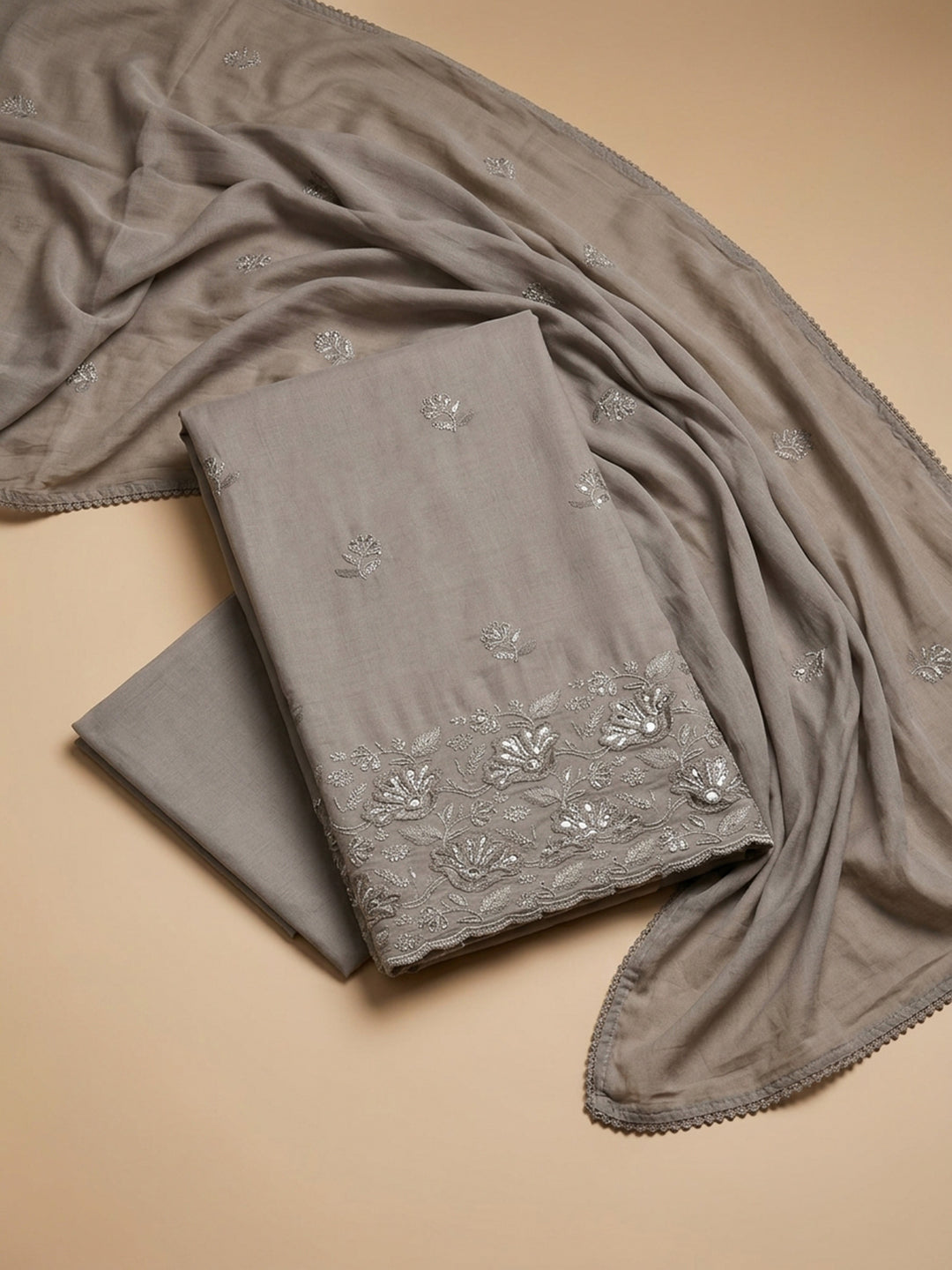 Mouse Embroidered Cotton Blend Unstitched Suit &amp; Pant With Cotton Dupatta
