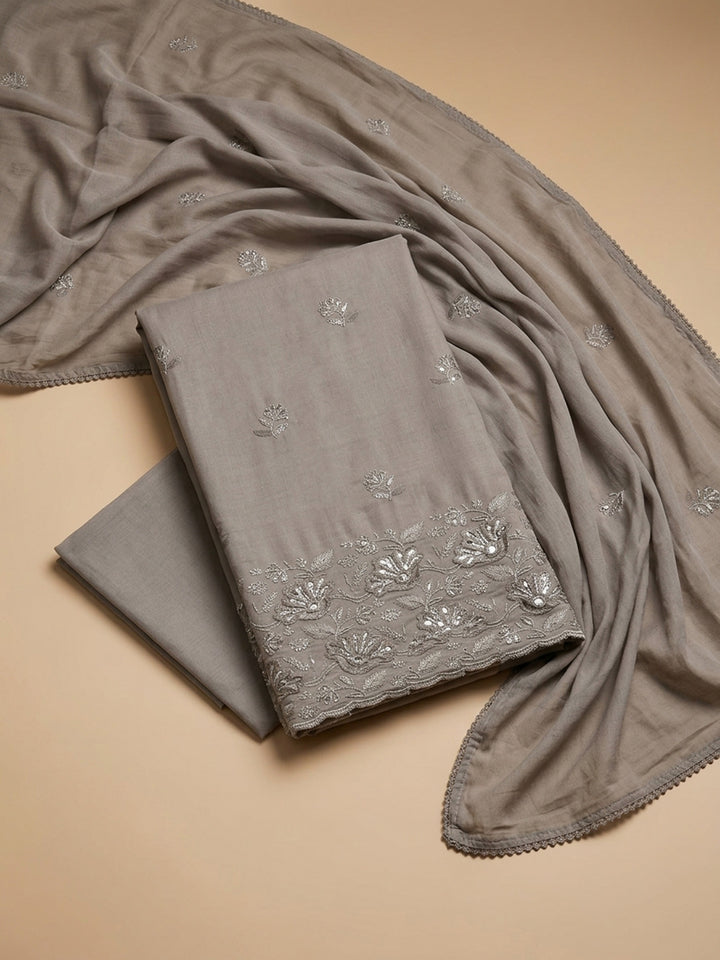 Mouse Embroidered Cotton Blend Unstitched Suit &amp; Pant With Cotton Dupatta
