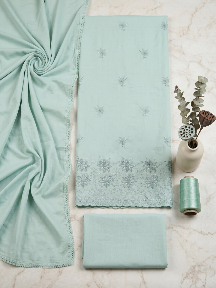 Aqua Green Embroidered Cotton Blend Unstitched Suit &amp; Pant With Cotton Dupatta