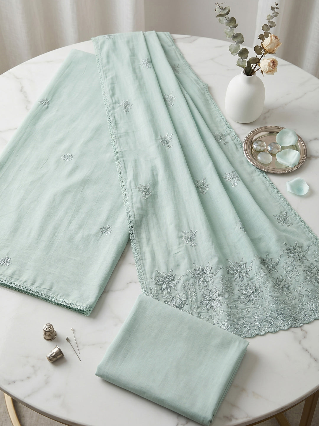Aqua Green Embroidered Cotton Blend Unstitched Suit &amp; Pant With Cotton Dupatta
