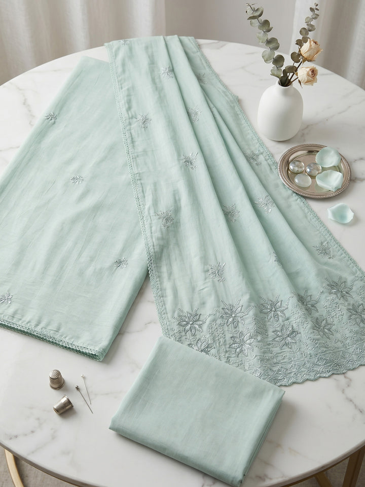 Aqua Green Embroidered Cotton Blend Unstitched Suit &amp; Pant With Cotton Dupatta