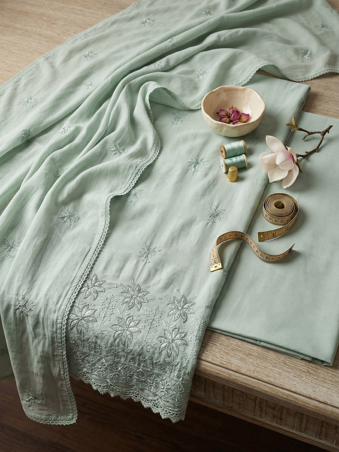 Aqua Green Embroidered Cotton Blend Unstitched Suit &amp; Pant With Cotton Dupatta