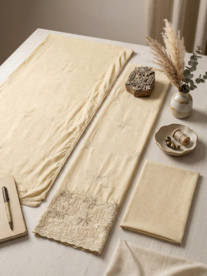 Beige Embroidered Cotton Blend Unstitched Suit &amp; Pant With Cotton Dupatta