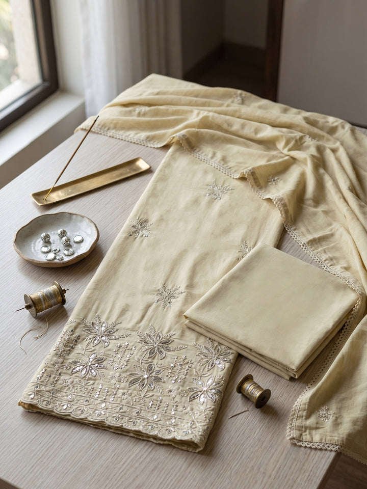 Beige Embroidered Cotton Blend Unstitched Suit &amp; Pant With Cotton Dupatta