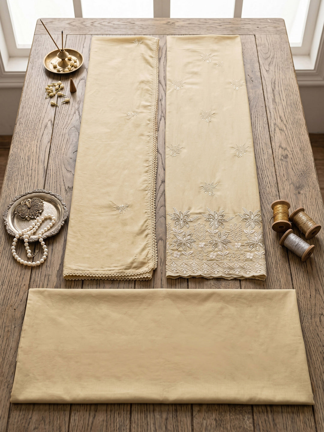 Beige Embroidered Cotton Blend Unstitched Suit &amp; Pant With Cotton Dupatta