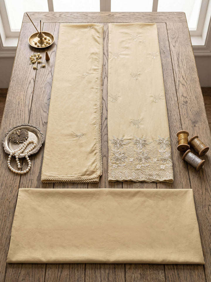 Beige Embroidered Cotton Blend Unstitched Suit &amp; Pant With Cotton Dupatta