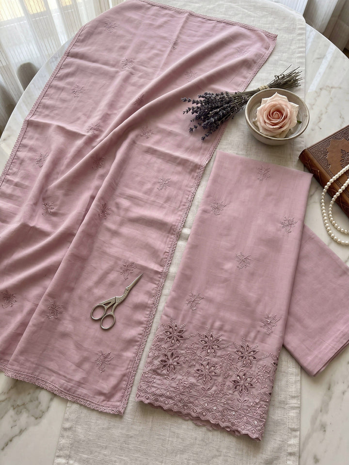 Lavender Embroidered Cotton Blend Unstitched Suit &amp; Pant With Cotton Dupatta