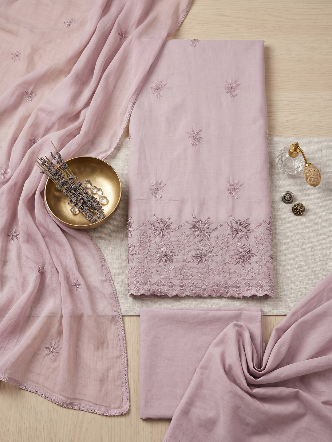 Lavender Embroidered Cotton Blend Unstitched Suit &amp; Pant With Cotton Dupatta