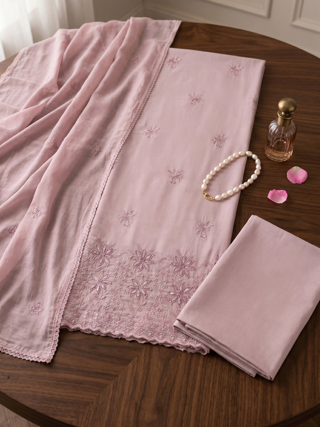 Lavender Embroidered Cotton Blend Unstitched Suit &amp; Pant With Cotton Dupatta