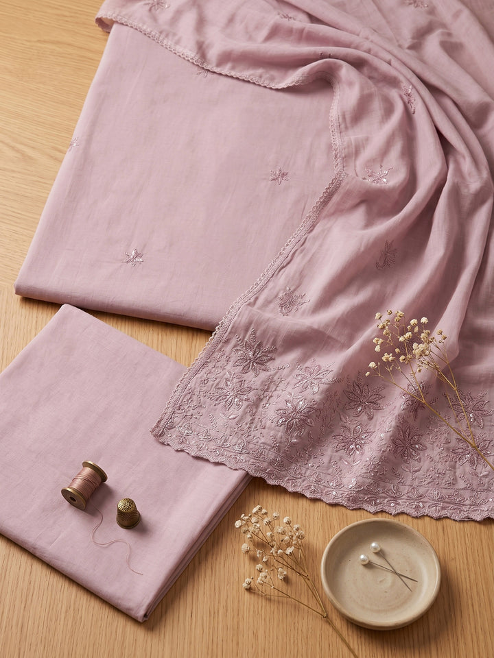 Pink Embroidered Cotton Blend Unstitched Suit &amp; Pant With Cotton Dupatta