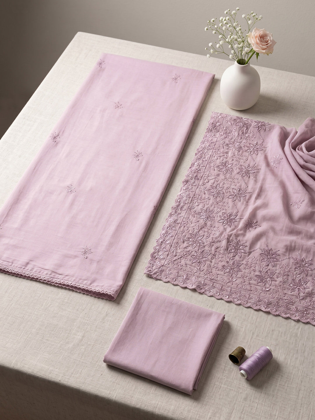 Pink Embroidered Cotton Blend Unstitched Suit &amp; Pant With Cotton Dupatta