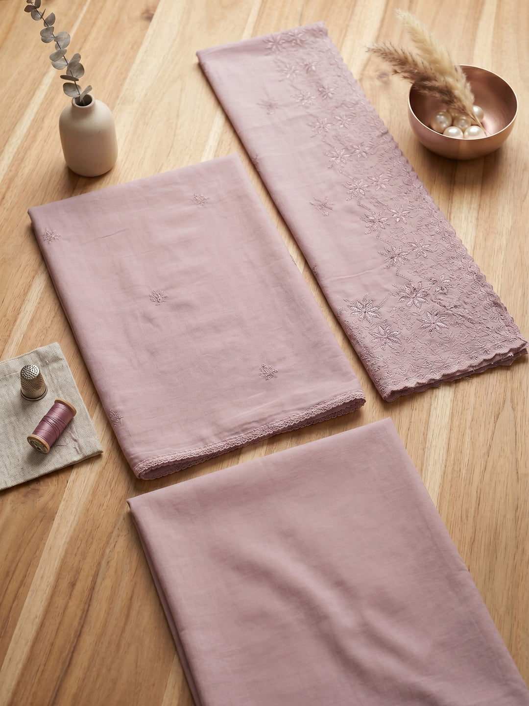 Pink Embroidered Cotton Blend Unstitched Suit &amp; Pant With Cotton Dupatta