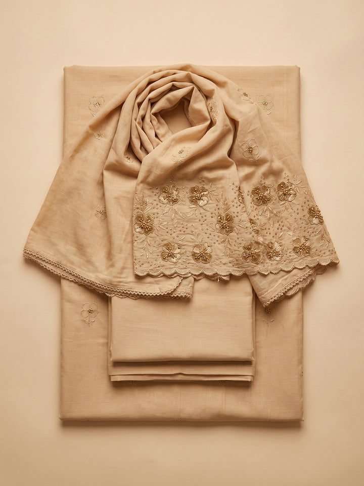 Brown Embroidered Cotton Blend Unstitched Suit &amp; Pant With Cotton Dupatta