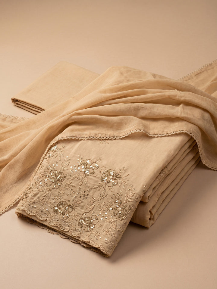 Brown Embroidered Cotton Blend Unstitched Suit &amp; Pant With Cotton Dupatta