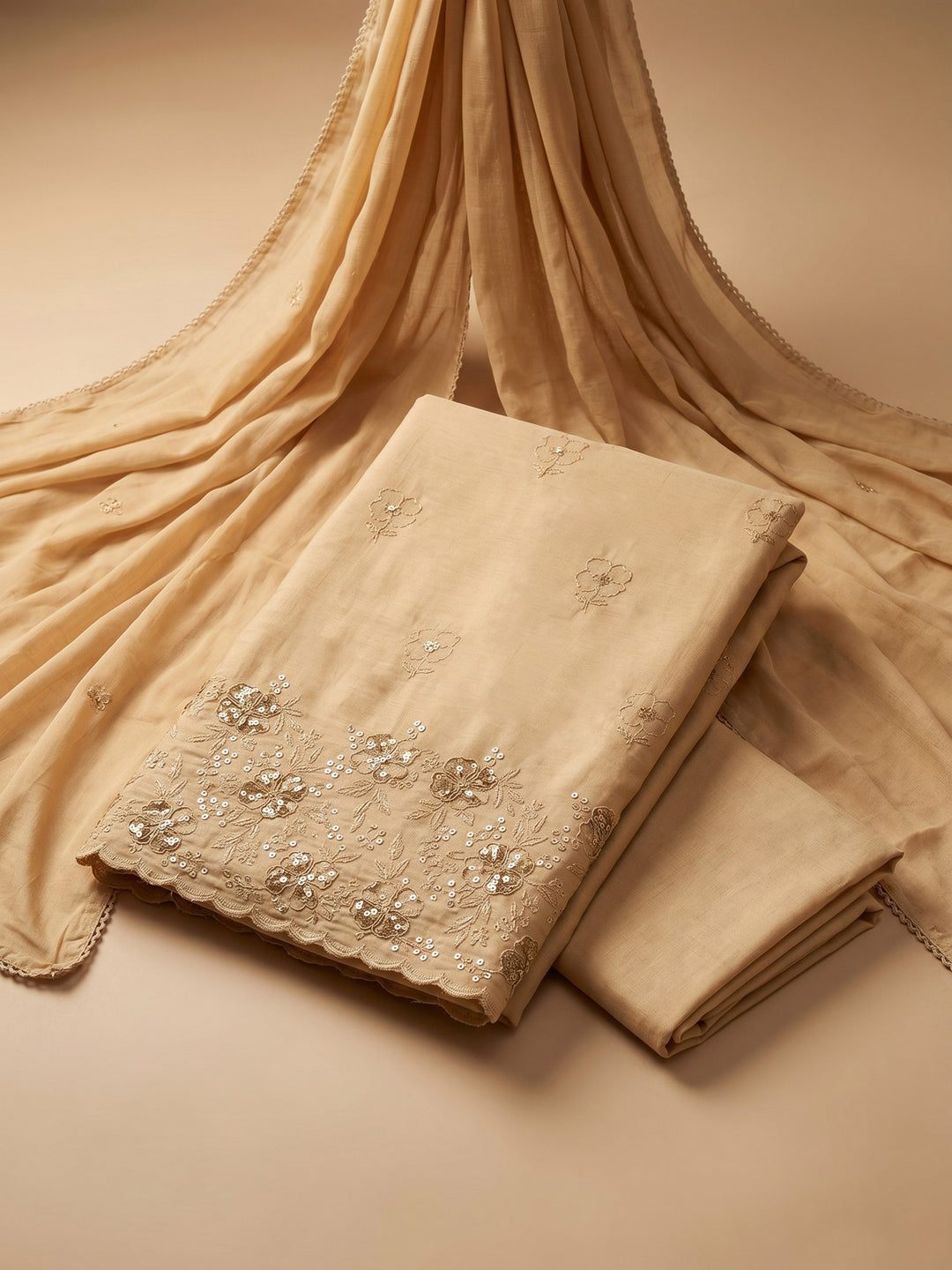 Brown Embroidered Cotton Blend Unstitched Suit &amp; Pant With Cotton Dupatta