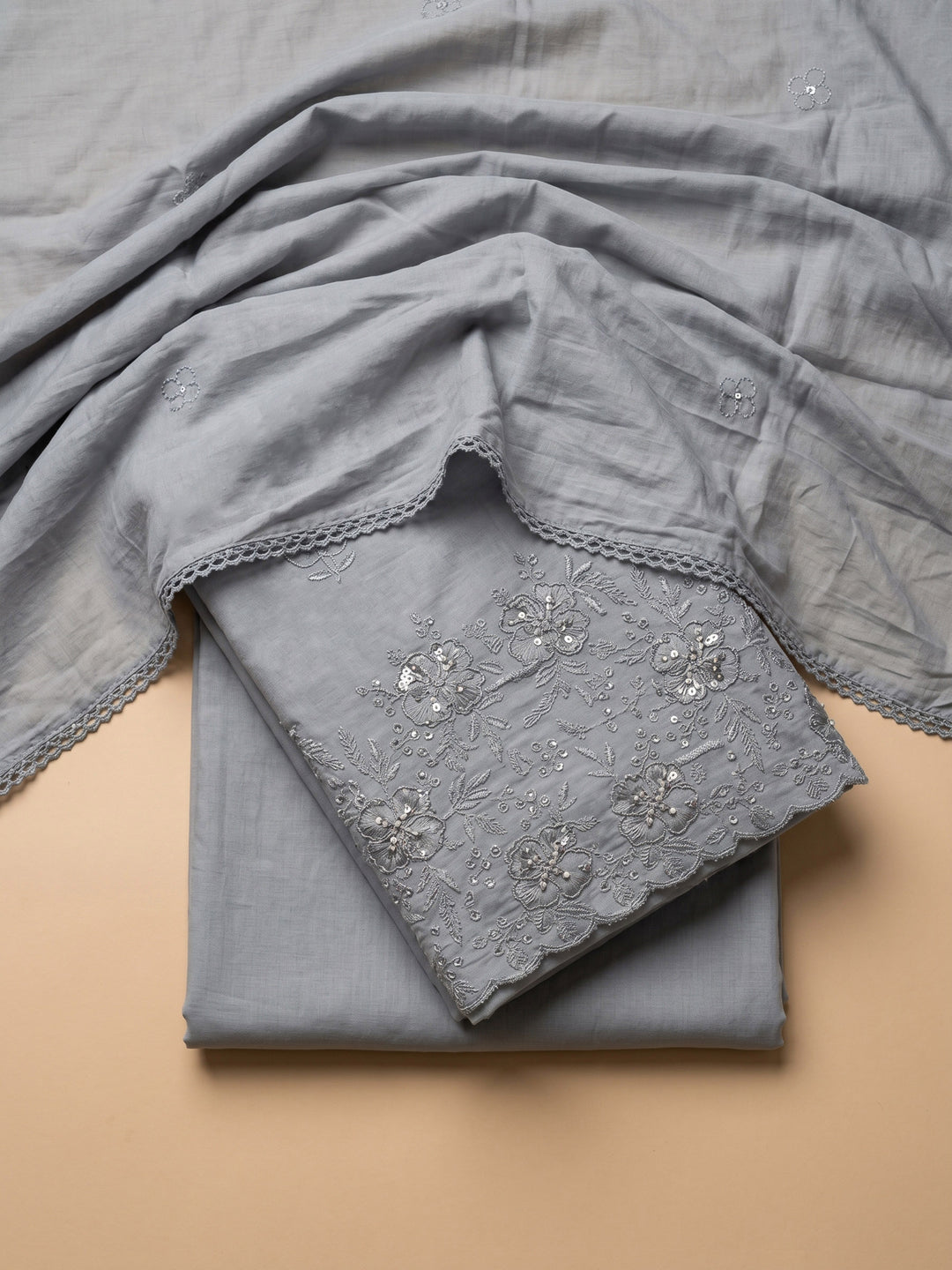 Grey Embroidered Cotton Blend Unstitched Suit &amp; Pant With Cotton Dupatta
