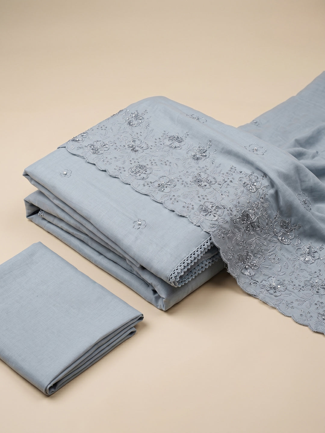 Grey Embroidered Cotton Blend Unstitched Suit &amp; Pant With Cotton Dupatta
