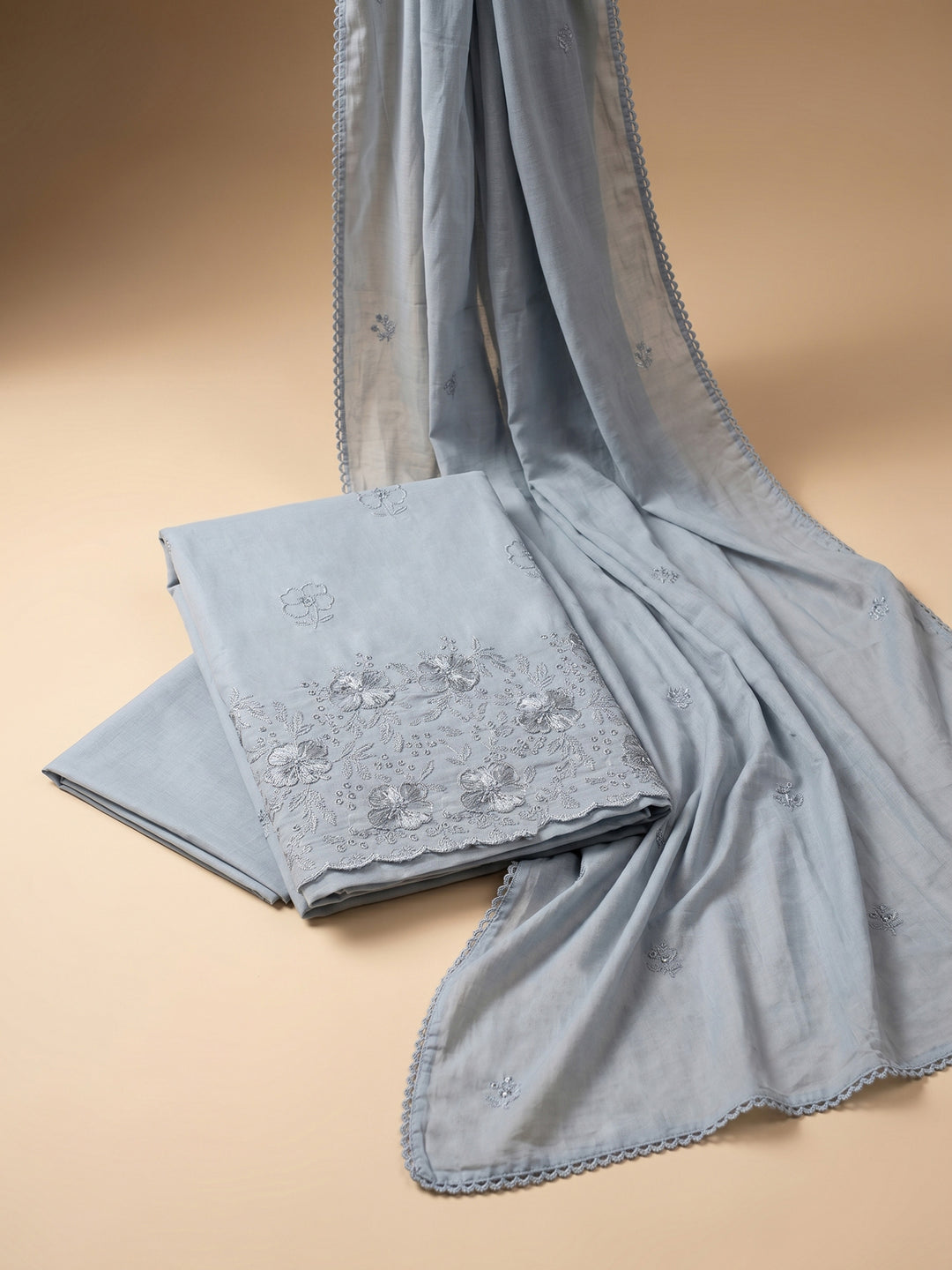 Grey Embroidered Cotton Blend Unstitched Suit &amp; Pant With Cotton Dupatta