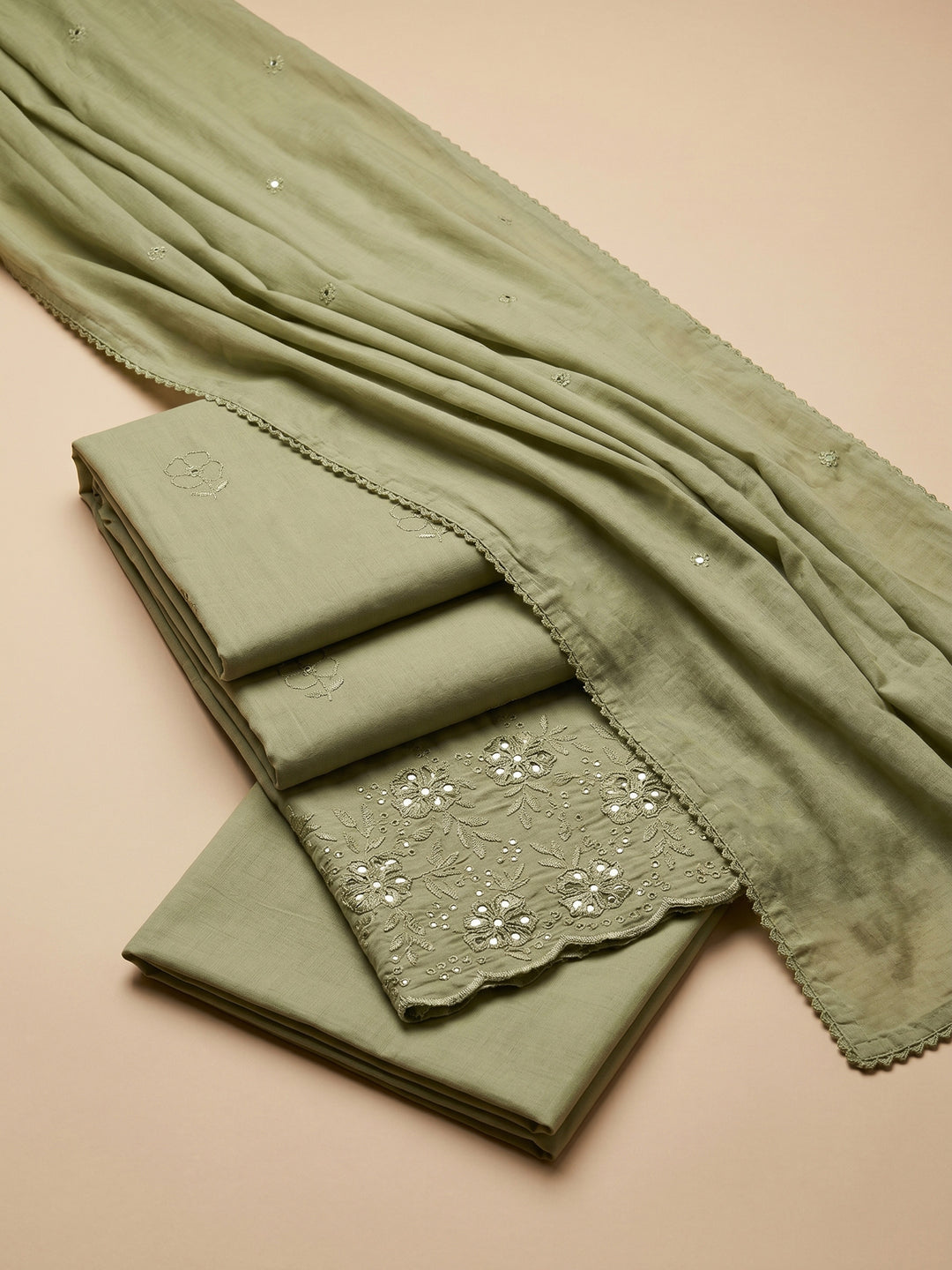 Mehndi Embroidered Cotton Blend Unstitched Suit &amp; Pant With Cotton Dupatta